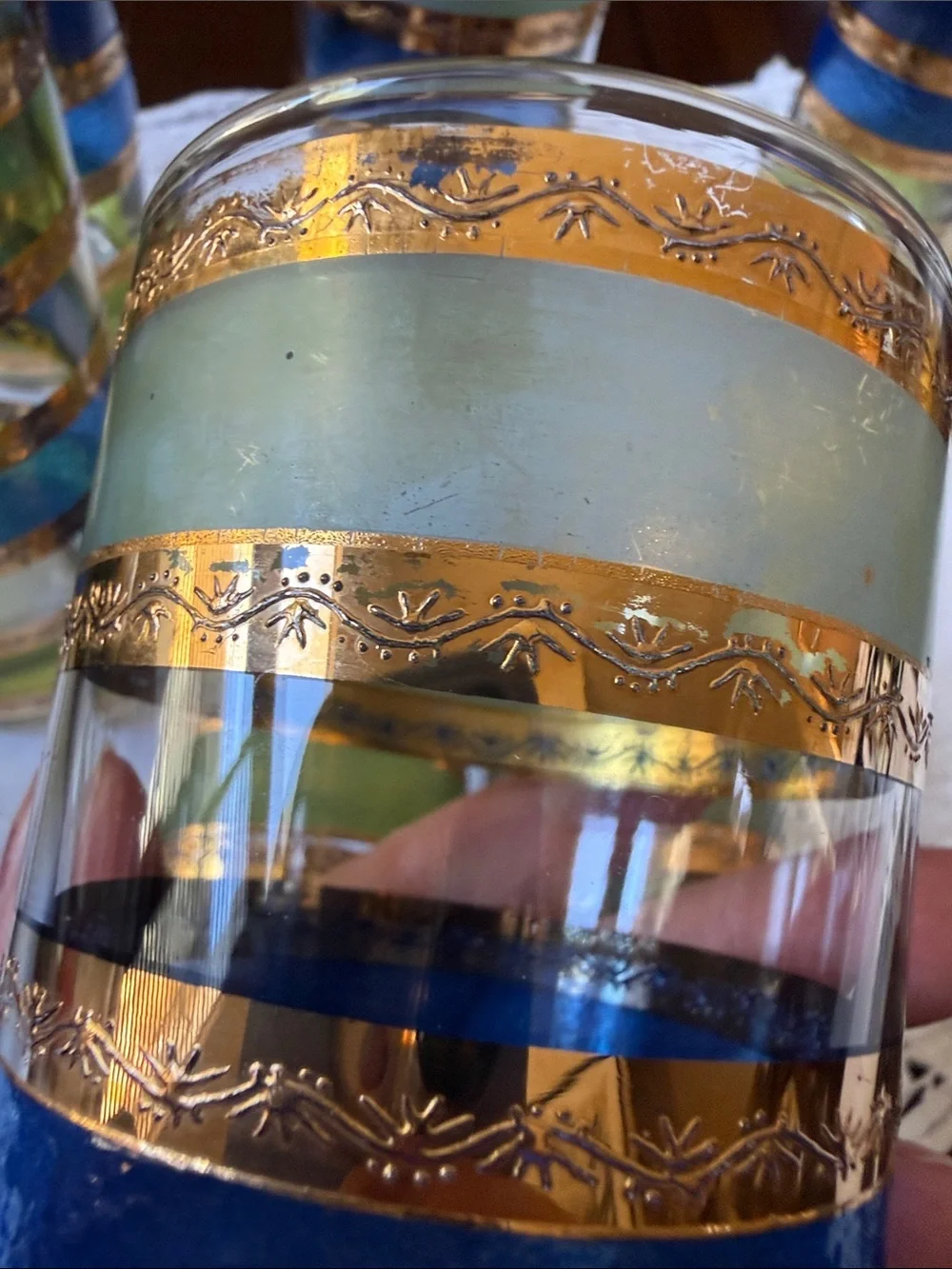 Mid Century Culver Rondo Highball set of 7 glasses band of blue green 22k gold